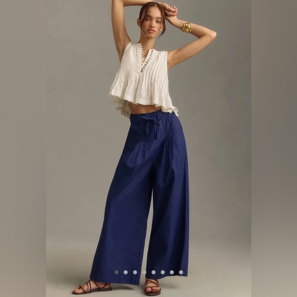 Anthropologie MAEVE SKIRTY UTILITY WIDE-LEG PANTS, Navy, Size 1X; Drawstring tie